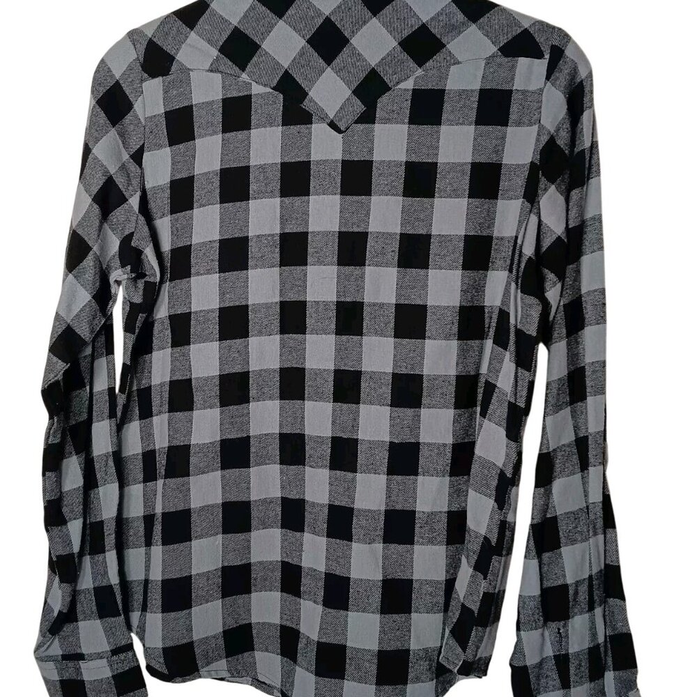 Wrangler Wrancher Shirt Women M Flannel Black Gray Plaid Pearl Snap New Western - Picture 2 of 14